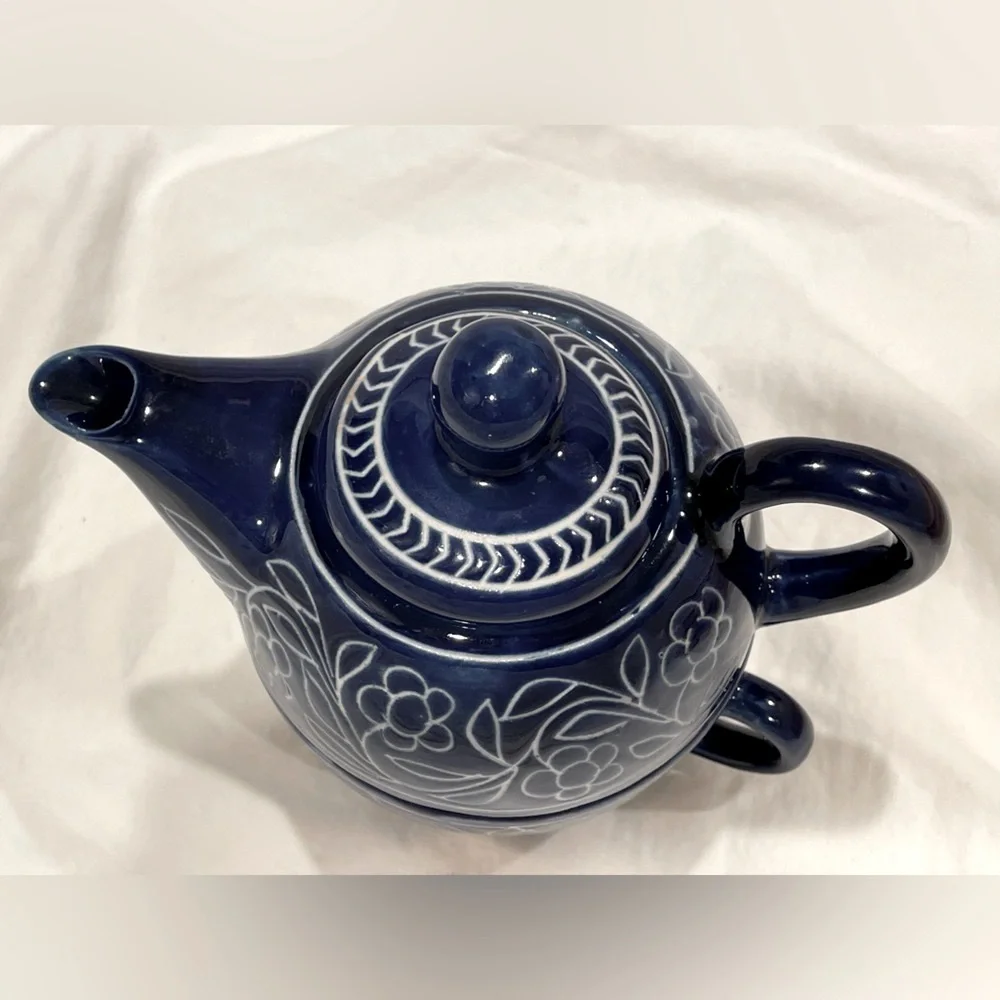 💥3/$50 Jaipur Blue Vintage Pottery Flowers Desert Sands Teapot w Stackable Cup